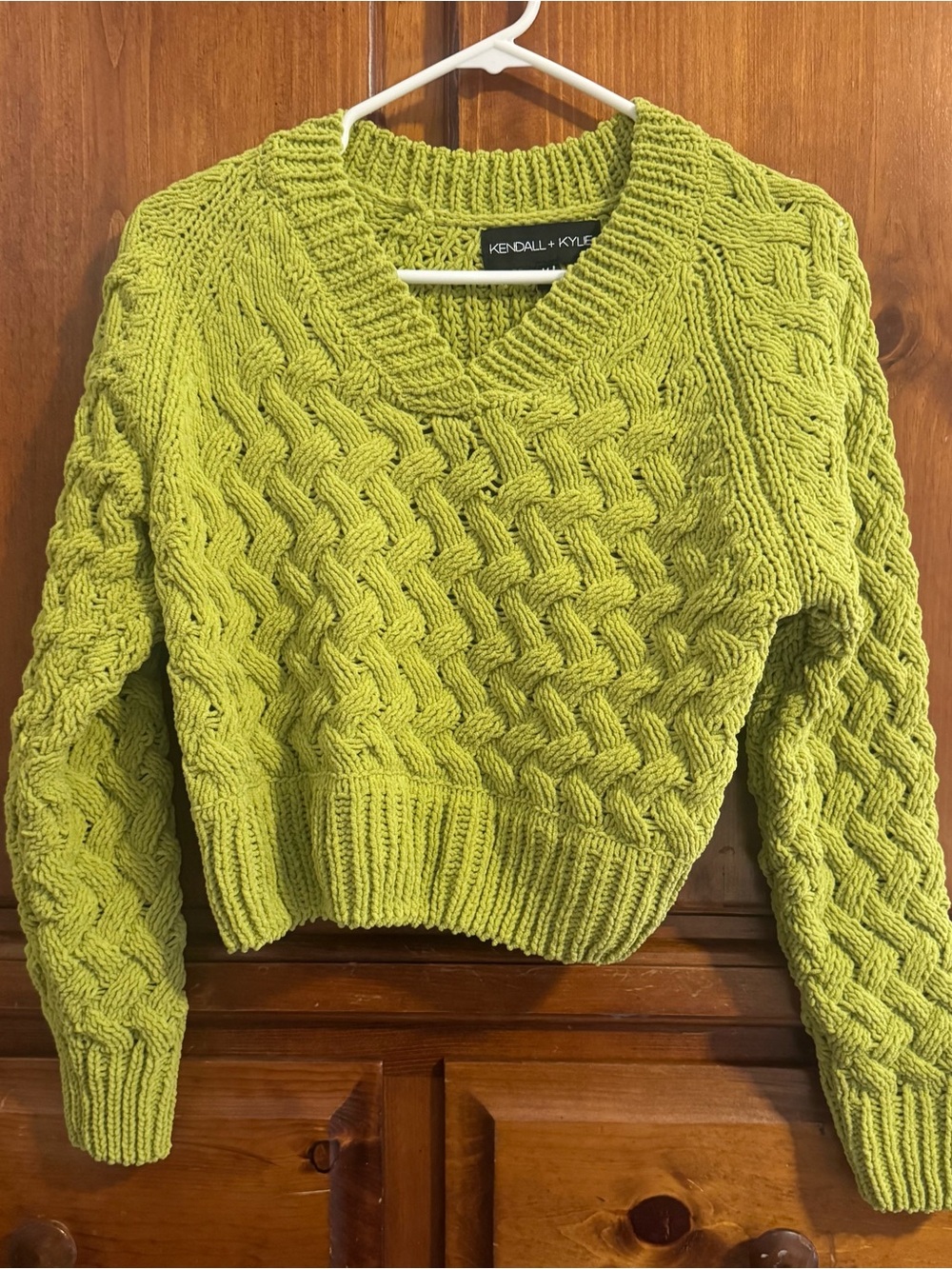 Kendall & Kylie Bright Lime Cable Knit V-Neck Sweater